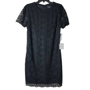 Laundry By Shelli Segal Black Lace Overlay Short Sleeve Sheath Cocktail Dress